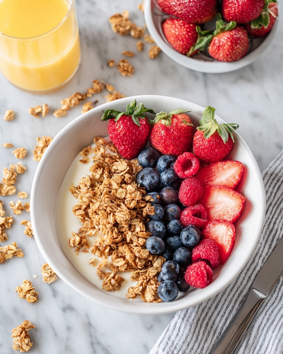 The dish is a white bowl filled with three visible layers: the bottom layer is creamy and light-colored yogurt, the middle layer is a thick pile of golden brown granola spread mostly in the center, and the top layer consists of fresh berries arranged on the sides. The berries include bright red whole strawberries with green leaves, some sliced strawberries showing their juicy red insides, deep blue blueberries, and vibrant red raspberries that add texture. The bowl sits on a white marbled surface with scattered granola pieces around it, a glass of orange juice near the top left corner, and a striped napkin with a knife on the right side. Photo taken with an iphone --ar 4:5 --v 7