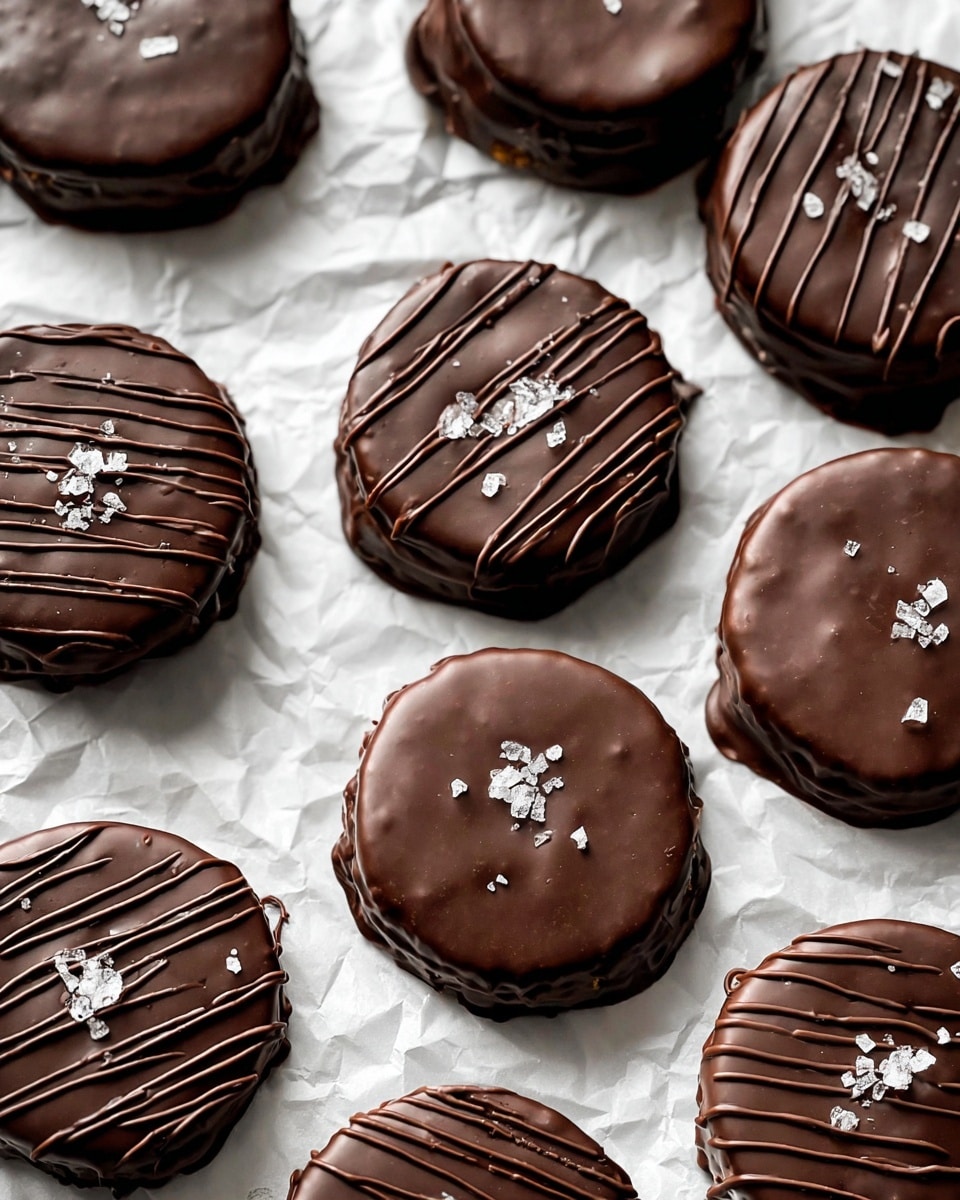 The image shows multiple round chocolate-covered treats arranged on crinkled white parchment paper over a white marbled texture. Each treat has two layers: a smooth, glossy dark chocolate coating on the outside and a slightly thicker middle layer that gives them a firm shape. Some treats have a decorative drizzle of darker chocolate lines on top, while others are plain with a shiny dark brown surface. On the drizzled treats, small chunks of coarse sea salt are sprinkled evenly, adding texture. The shapes are soft-edged circles with varying slight surface textures, all closely placed. Photo taken with an iphone --ar 4:5 --v 7