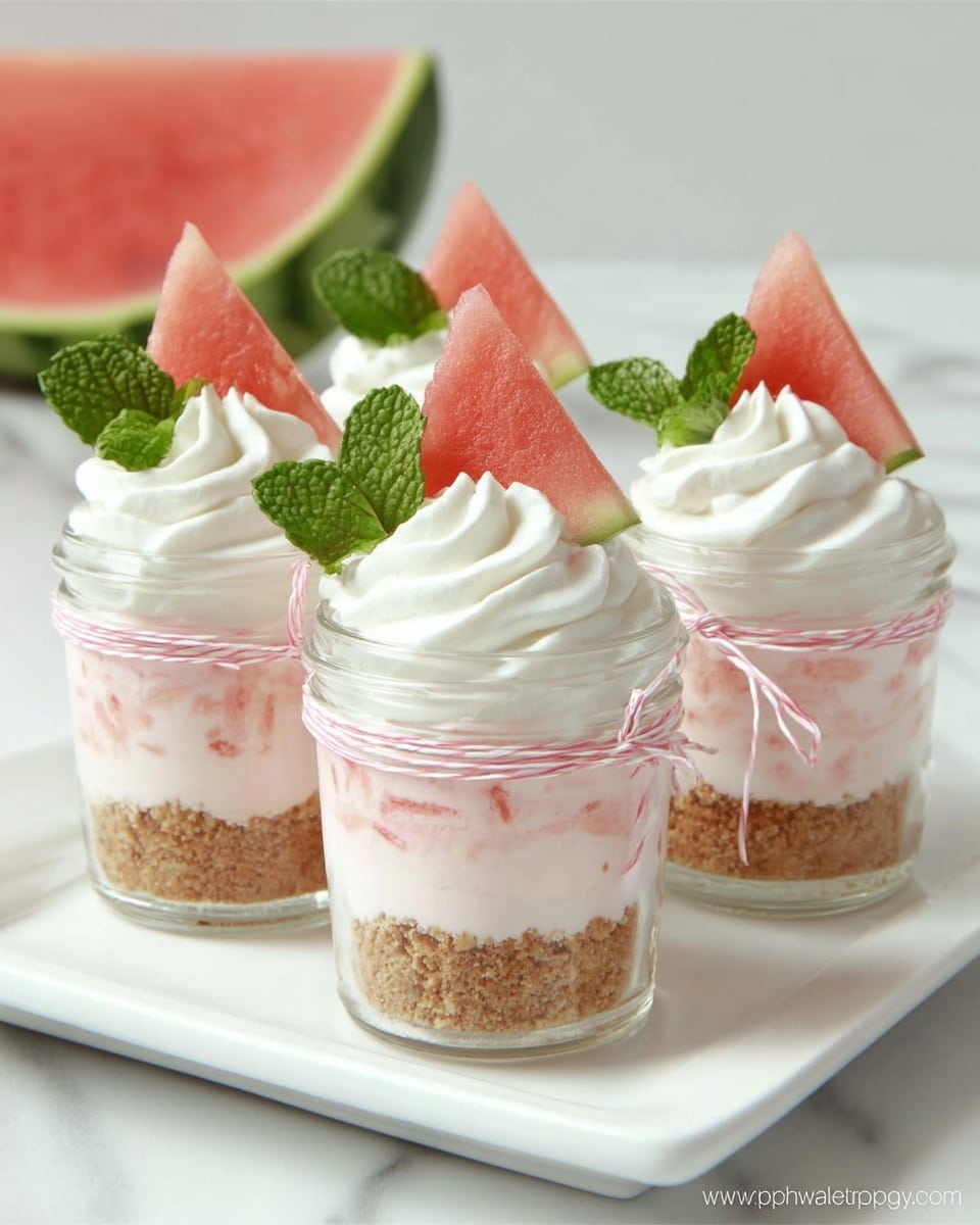 Three small glass jars sit in a row on a white rectangular plate with a white marbled texture background. Each jar has three layers: the bottom layer is a light brown crumbly crust, the middle layer is a light pink creamy filling with small red bits, and the top layer is a swirl of white whipped cream. On top of the cream of each jar is a small triangular slice of watermelon with green rind and a fresh green mint leaf behind it. Each jar is tied with a pink and white string bow around the top. In the background, a partially cut watermelon rests on a white plate. photo taken with an iphone --ar 4:5 --v 7
