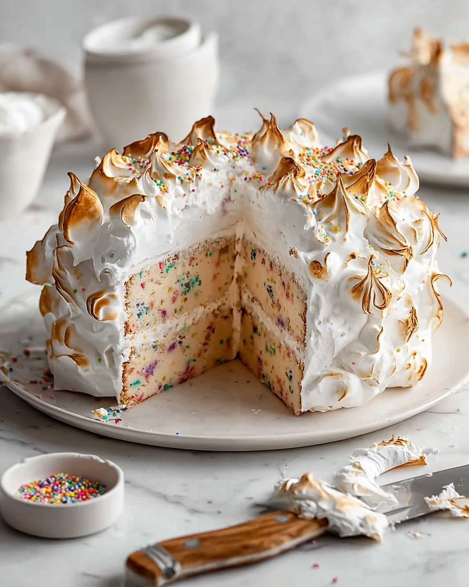 The image shows a round cake with one slice cut out, placed on a white plate. The cake has two main layers: the inner layer is light beige with colorful sprinkles mixed throughout, while the outer layer is covered with thick, fluffy white meringue that is toasted to a golden brown in uneven peaks all around the cake. Some colorful sprinkles are also scattered on top of the meringue. A knife with a wooden handle lies in front of the plate on a white marbled surface, with some meringue stuck to its blade. The background is softly blurred with white bowls and a white cream bowl visible. Photo taken with an iphone --ar 4:5 --v 7