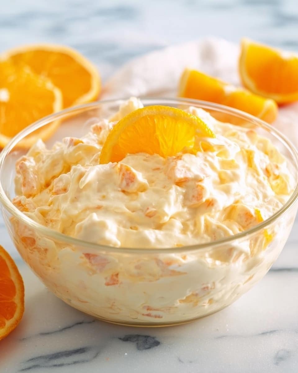 A clear glass bowl filled with a creamy, light orange mixture that has small chunks and a smooth texture, topped with a thin slice of bright yellow-orange citrus fruit placed slightly off-center. The bowl is sitting on a white marbled surface, with two more citrus slices blurred in the background on the left side. The mixture looks soft and fluffy, with uneven peaks showing its creamy consistency. photo taken with an iphone --ar 4:5 --v 7