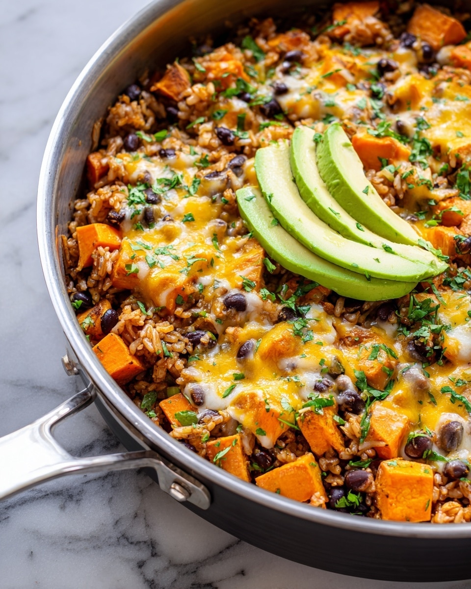 A close-up view of a cooked dish in a silver pan filled with mixed ingredients in one layer: brown rice, orange sweet potato cubes, and black beans scattered all over. Melted yellow and white cheese is evenly spread on top, adding a creamy texture. Bright green chopped herbs are sprinkled generously across the dish. Two thin slices of fresh green avocado rest on the surface, one on the left side and one on the lower right edge. The pan is placed on a white marbled surface. Photo taken with an iphone --ar 4:5 --v 7
