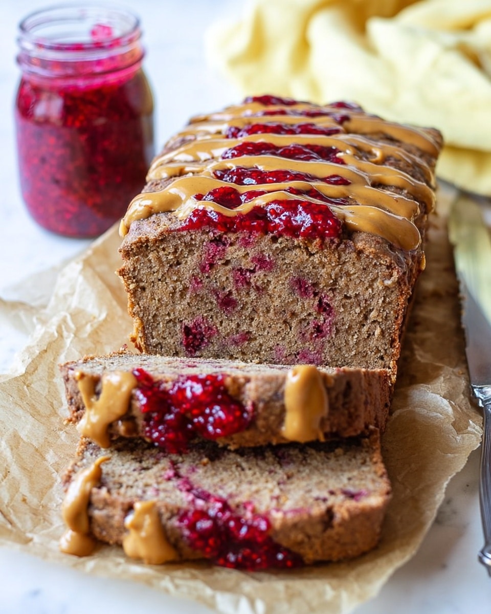 A loaf of brown bread with two thick slices cut and placed in front, showing a dense texture with purple and red streaks inside, sits on wrinkled parchment paper over a white marbled surface. The top and sides of the bread are layered with drizzles of light brown peanut butter and bright red raspberry jam, both unevenly spread and slightly melting down the edges. To the left, there is a clear glass jar filled with raspberry jam, and to the right, a knife rests on the paper. The background is softly blurred with a hint of a cloth in pale yellow. Photo taken with an iphone --ar 4:5 --v 7