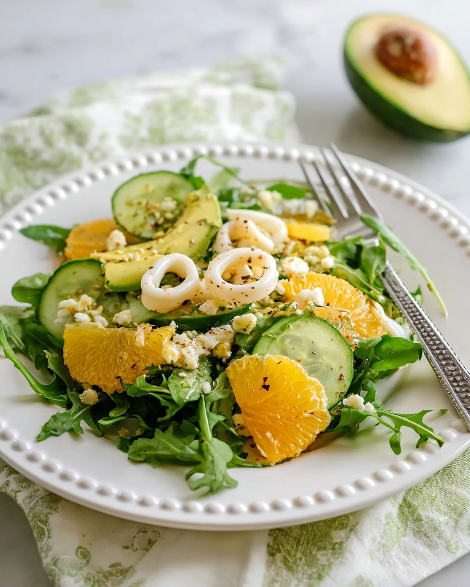 A fresh salad served on a white plate with a beaded edge, featuring a base of dark green arugula leaves. On top, there are thin, round cucumber slices in light green with pale centers, and bright orange citrus segments scattered around. Creamy white rings of calamari are mixed throughout, alongside small bits of crumbled white cheese sprinkled over the salad. The salad is lightly seasoned with black pepper, and a shiny avocado half with green and yellow hues sits at the back. A silver fork rests beside the salad on the plate, all placed on a white marbled surface with a white and green patterned cloth nearby. Photo taken with an iphone --ar 4:5 --v 7