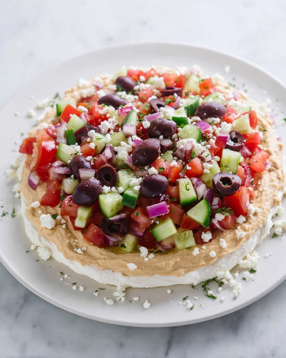 A white plate holds a layered dip starting with a bottom layer of white creamy spread, topped by a smooth beige hummus layer. On top, there is a chunky mix of diced red tomatoes, green cucumbers, and finely chopped purple onions, scattered with sliced dark purple olives and sprinkled with white crumbly cheese. The plate is placed on a white marbled surface. photo taken with an iphone --ar 4:5 --v 7