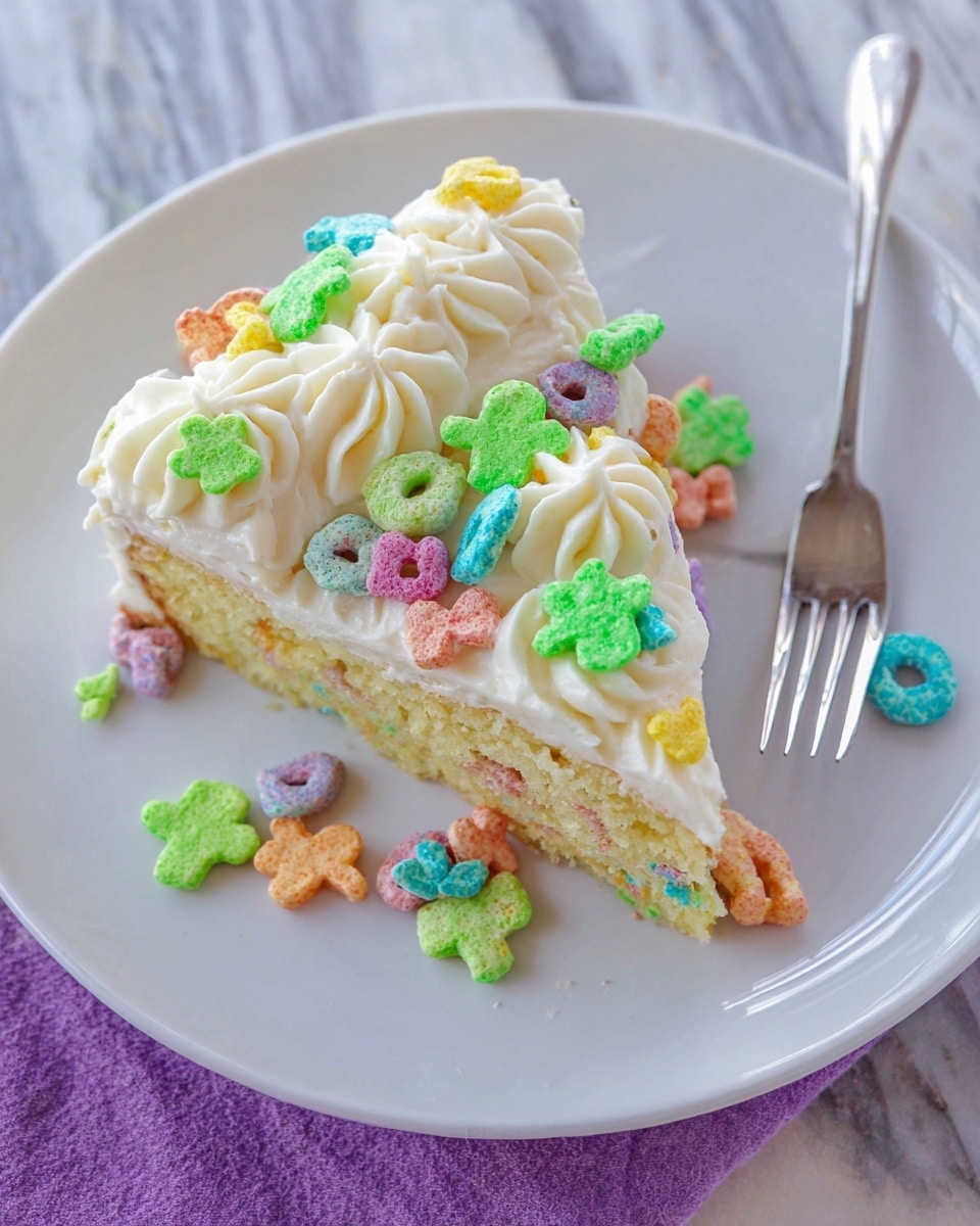 A slice of cake with two layers is shown on a white plate; the bottom layer is light yellow cake, topped with a layer of creamy white frosting. The top edge of the cake slice is decorated with thick swirls of white frosting. Small, colorful cereal pieces in bright green, pink, orange, blue, and white, shaped like letters and clovers, are scattered on the frosting and around the plate. A silver fork is placed on the right side of the plate, which sits on a white marbled surface. Photo taken with an iphone --ar 4:5 --v 7