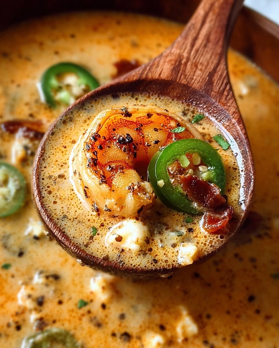 A close-up of a wooden spoon holding creamy soup with layers including a golden-brown grilled shrimp at the center, visible small chunks of white cheese, dark reddish-brown crispy bits, and green jalapeño slices. The soup base is light orange with a smooth, frothy texture and sprinkled black pepper, set against a white marbled surface in the background. photo taken with an iphone --ar 4:5 --v 7