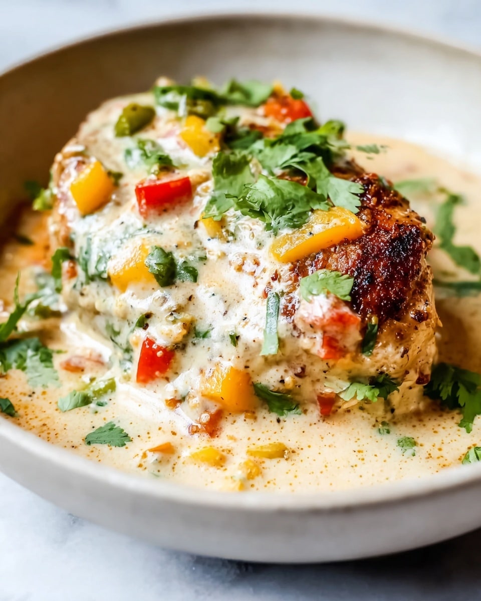 A close-up of a white bowl with one cooked chicken breast at the center, covered by a thick creamy white sauce mixed with small chopped pieces of yellow, red, and green vegetables, likely peppers, and garnished with fresh green cilantro leaves on top and in the sauce, creating a layered look of browned meat, colorful vegetables, and smooth sauce. The creamy sauce spreads around the chicken on the bottom of the bowl, all set on a white marbled surface. photo taken with an iphone --ar 4:5 --v 7