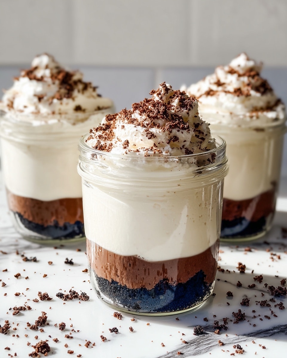 The image shows three clear glass jars filled with a layered dessert placed on a white marbled surface. Each jar has three distinct layers: a bottom layer of dark brown crumbly chocolate or cookie base, a thick middle layer of smooth, creamy white filling, and a top layer of whipped cream sprinkled generously with fine dark brown crumbs. The whipped cream is slightly domed, with crumbs also scattered around the jars on the surface, adding texture and a sense of freshness. Soft natural light highlights the smooth cream and glass jars, creating a clean and inviting look. Photo taken with an iphone --ar 4:5 --v 7