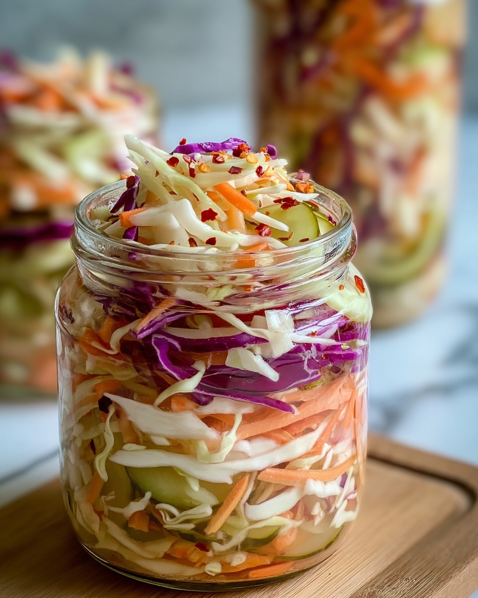 The image shows a close-up of a glass jar filled with a colorful layered salad. The salad contains thin strips of white cabbage, shredded orange carrots, slices of purple cabbage, and light green pickles layered inside the jar. The vegetables appear fresh and crisp, with some red chili flakes and light sauce drizzled on top of the salad, adding small speckles of red and orange. The jar is placed on a wooden surface with a soft white marbled texture in the background, adding brightness to the image. In the background, another jar filled with the same salad is slightly out of focus. photo taken with an iphone --ar 4:5 --v 7