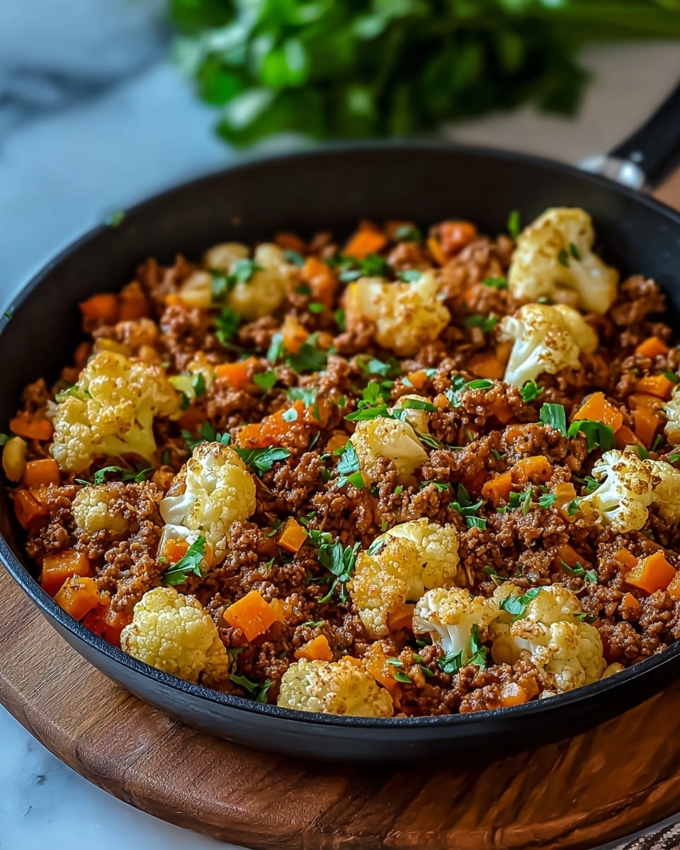 A black skillet filled with a colorful cooked dish, showing three main layers: the base layer is crumbly brown cooked ground meat, mixed evenly with small bright orange cubes of cooked vegetable. Scattered generously on top are small, white cauliflower florets with a lightly roasted texture, some browned edges visible. Fresh green chopped herbs are sprinkled over the whole dish, adding a fresh contrast to the warm colors. The skillet sits on a wooden board with a white marbled texture underneath and blurred green plant shapes in the background. photo taken with an iphone --ar 4:5 --v 7