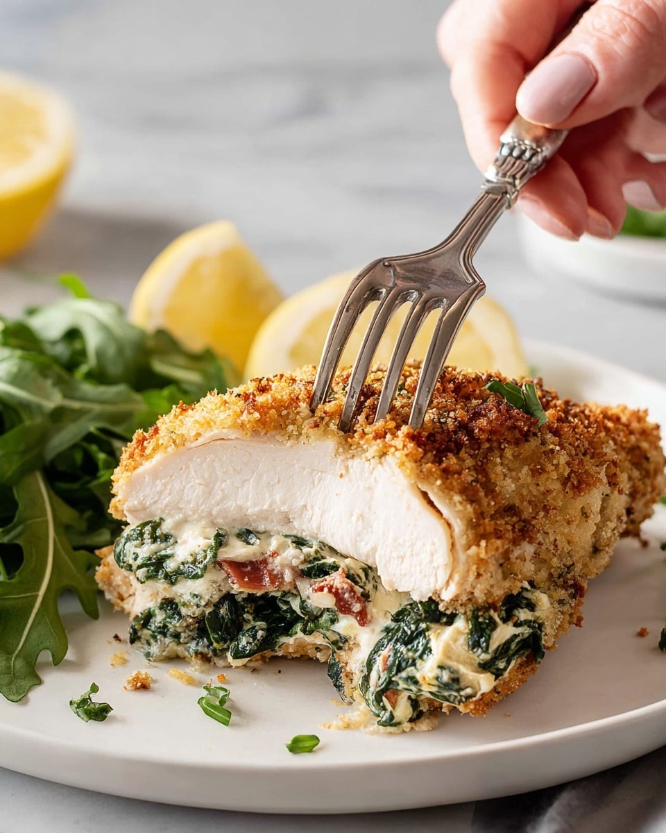 A white plate with a piece of breaded chicken breast stuffed with creamy spinach and bits of bacon inside, showing three visible layers: the golden, crispy breadcrumb coating on top, the thick white chicken breast layer in the middle, and the creamy green spinach and bacon mixture inside. The chicken is pierced by a silver fork held by a woman's hand at the top right. On the left side of the plate, there are dark green fresh arugula leaves and three lemon wedges behind the chicken, all set on a white marbled surface. photo taken with an iphone --ar 4:5 --v 7