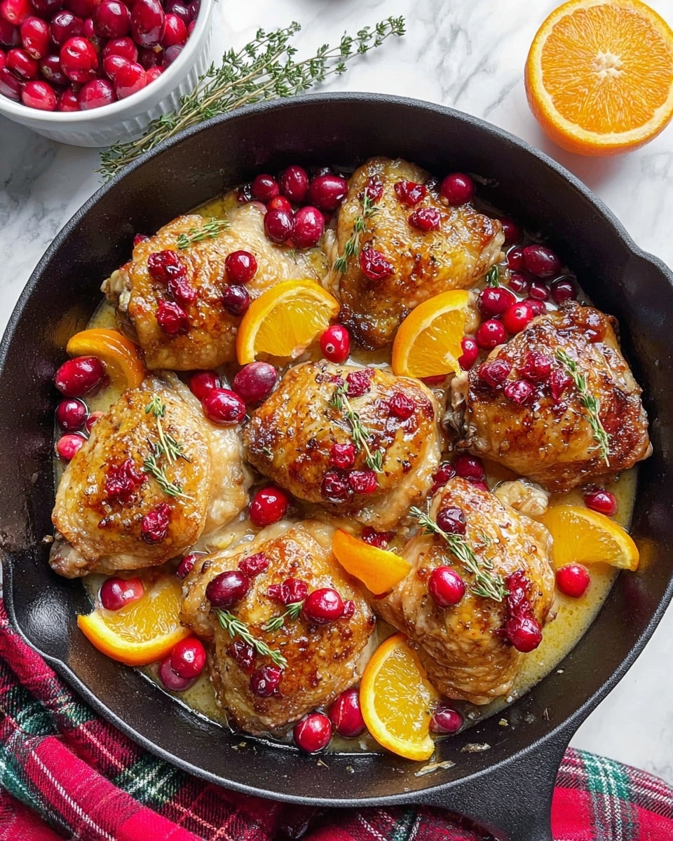 A black skillet filled with six pieces of cooked chicken thighs evenly spaced, each with golden brown crispy skin topped with small red cranberry pieces. Between the chicken pieces are bright orange slices and sprigs of fresh green thyme. The dish sits in a light sauce that pools around the chicken and fruit at the bottom of the skillet. Around the skillet are a few extra orange wedges, bright red cranberries in a white bowl, and a red and green plaid cloth on a white marbled surface. photo taken with an iphone --ar 4:5 --v 7