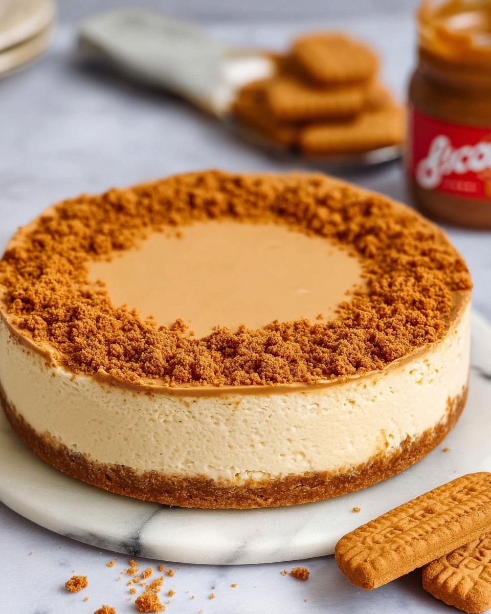 The image shows a three-layer round cheesecake on a white marbled surface. The bottom layer is a thin, crunchy, golden-brown biscuit crust. The middle layer is a thick, smooth, creamy beige cheesecake filling. The top layer is a light brown, smooth spread of Biscoff spread, with a ring of fine, crumbly biscuit crumbs evenly placed along the edge. Next to the cheesecake are some whole Biscoff biscuits and a jar of Biscoff spread blurred in the background. The photo is taken close up, showing texture details clearly. Photo taken with an iphone --ar 4:5 --v 7