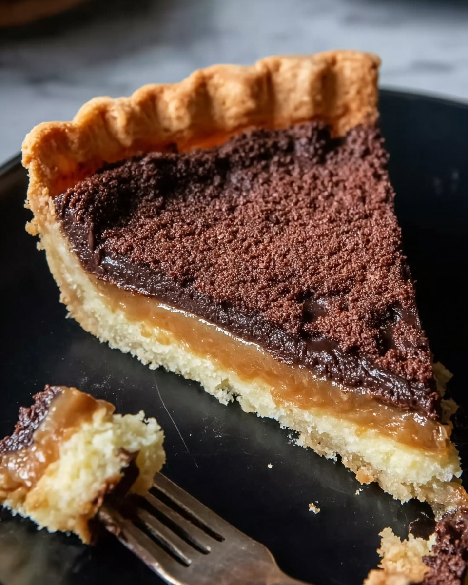 A close-up view of a single slice of pie on a black plate, showing three clear layers: a thick, light beige crust at the bottom, a soft, golden caramel layer in the middle, and a crumbly dark brown chocolate layer on top. The edge of the crust is ridged and light in color, while the chocolate layer has a slightly cracked texture. There are some small crumbs around the slice and a small piece of pie on a fork in the foreground. The setting features a white marbled texture underneath. photo taken with an iphone --ar 4:5 --v 7