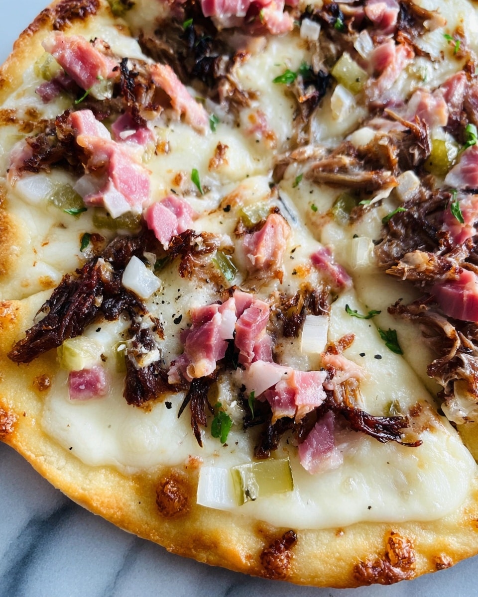 The image shows a close-up of two thin-crust pizzas on a white marbled surface. Each pizza has a light golden brown crust as the base. The first layer is melted white cheese, smooth and creamy, covering the crust fully. Scattered on top are small pieces of pink ham with a soft texture, dark brown crispy pulled pork, and small cubes of pale white onions mixed with light green pickles. The toppings are spread evenly over each pizza, giving a mix of colors—pink, dark brown, white, and green—on top of the shiny melted cheese. Photo taken with an iphone --ar 4:5 --v 7