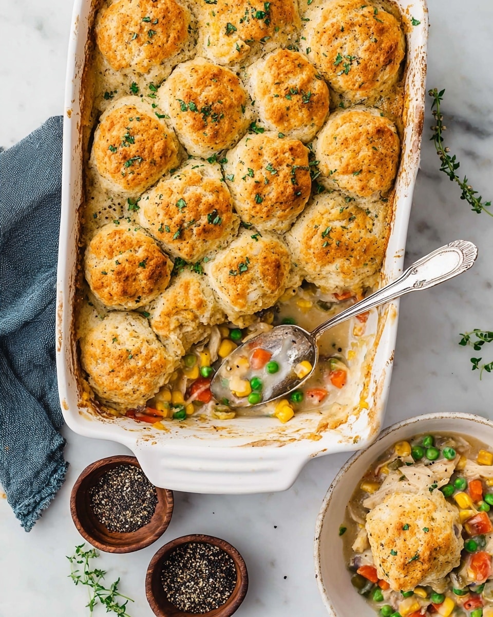 A white baking dish filled with a casserole that has two main layers: the bottom layer is a creamy mix of colorful vegetables including orange carrots, yellow corn, green peas, and bits of chicken, while the top layer consists of golden-brown, round biscuit dollops sprinkled with fresh green herbs, each biscuit having a slightly rough and crumbly texture. A silver spoon rests inside the dish, scooping out some of the casserole, and a separate white bowl to the right holds a serving of the same dish, showing the creamy vegetable and chicken mix with biscuit topping. Around the dish are small green herb sprigs and a small brown bowl filled with black peppercorns on a white marbled surface. photo taken with an iphone --ar 4:5 --v 7