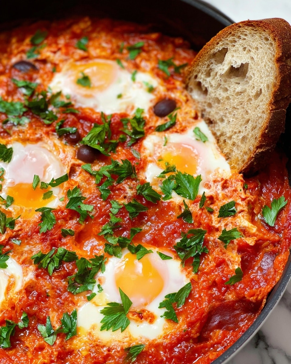 A close-up view of a dish showing a base layer of thick, rich red tomato sauce with a chunky texture spread across the bottom. On top, there are several sunny-side-up eggs with bright yellow yolks and slightly cooked whites scattered evenly. Fresh green parsley leaves are sprinkled generously over the entire dish, adding a touch of color. A single slice of bread with a light brown crust, holes, and olives is partially submerged in the sauce near the center. The pan holding the dish is shown on a white marbled surface, enhancing the warm, vibrant colors of the food. Photo taken with an iphone --ar 4:5 --v 7