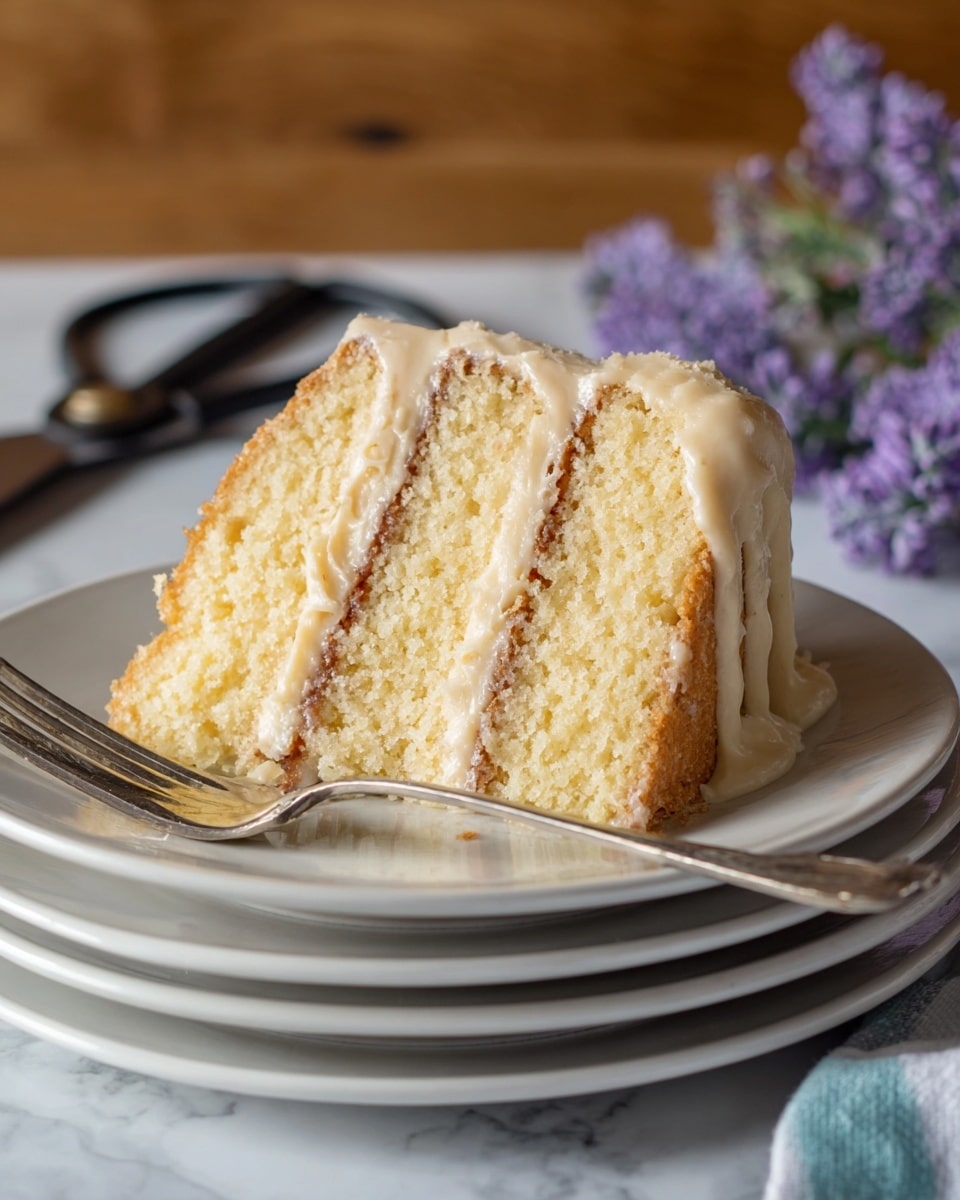 A slice of three-layer yellow cake sits on a stack of four white plates with a silver fork resting on the side. Each cake layer is light golden yellow with a soft, fluffy texture, separated by thin layers of light brown frosting. The cake's outer edge is coated with a smooth, light beige frosting that slightly drips down the sides. The scene includes an old pair of black-handled scissors on a wooden table and some purple flowers blurred in the background, all set on a white marbled texture surface. Photo taken with an iphone --ar 4:5 --v 7