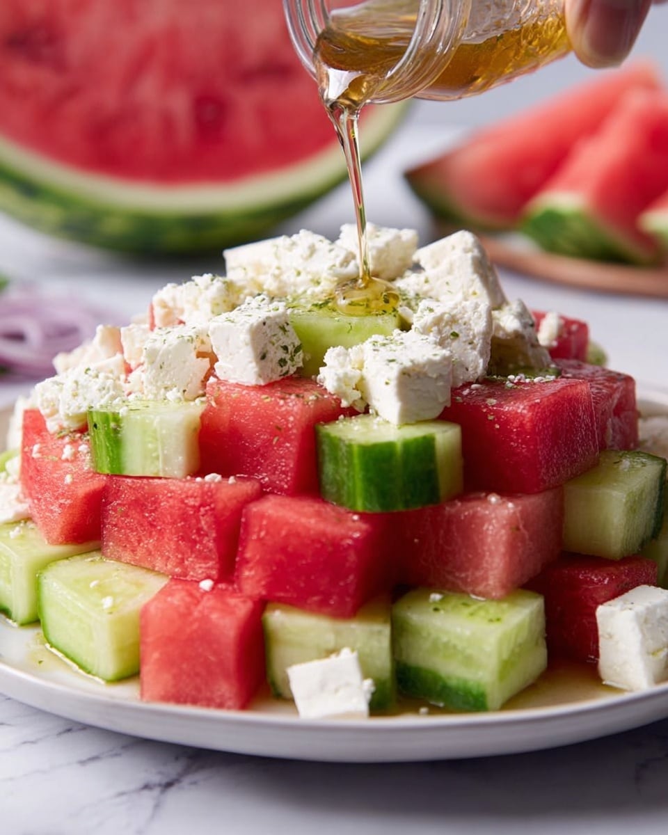 A white plate filled with three layers: the bottom layer is made of large, bright red watermelon cubes with a juicy texture, the middle layer includes thick slices of fresh, green cucumber with smooth skin, and the top layer has white blocks of crumbly feta cheese scattered evenly. A woman's hand is pouring a golden-colored dressing from a glass jar over the salad. The background uses a white marbled surface, and a blurred watermelon half is seen in the back. Photo taken with an iphone --ar 4:5 --v 7