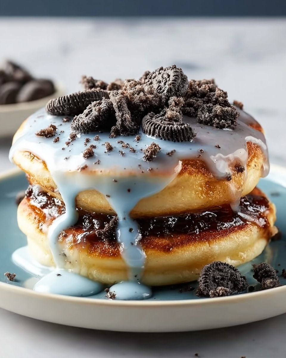 A stack of two thick, golden-brown pancakes sits on a white plate with a slight blue rim against a white marbled surface. The pancakes have a dark brown cinnamon or chocolate filling oozing slightly between the layers. A smooth, glossy light blue and white glaze is generously drizzled over the top, dripping down the sides. The stack is topped with a handful of dark chocolate or cookie pieces, adding a rough texture and depth. A few crumbs are scattered on the plate around the stack. Photo taken with an iphone --ar 4:5 --v 7
