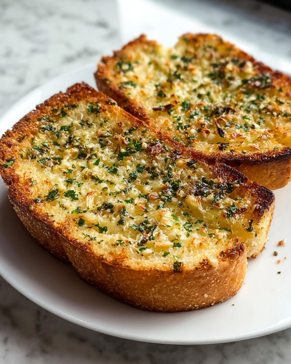 Two thick slices of toasted garlic bread sit on a white plate over a white marbled surface. Each slice has a golden-brown crust with a rough texture, and the top layer is a mix of melted butter, finely chopped garlic, and green herbs spread evenly, creating a slightly crunchy and oily surface with flecks of darker toasted bits. The bread looks soft inside with a light golden color where it meets the toasted edges. The light shines from the side, highlighting the glossy melted butter and herbs. Photo taken with an iphone --ar 4:5 --v 7