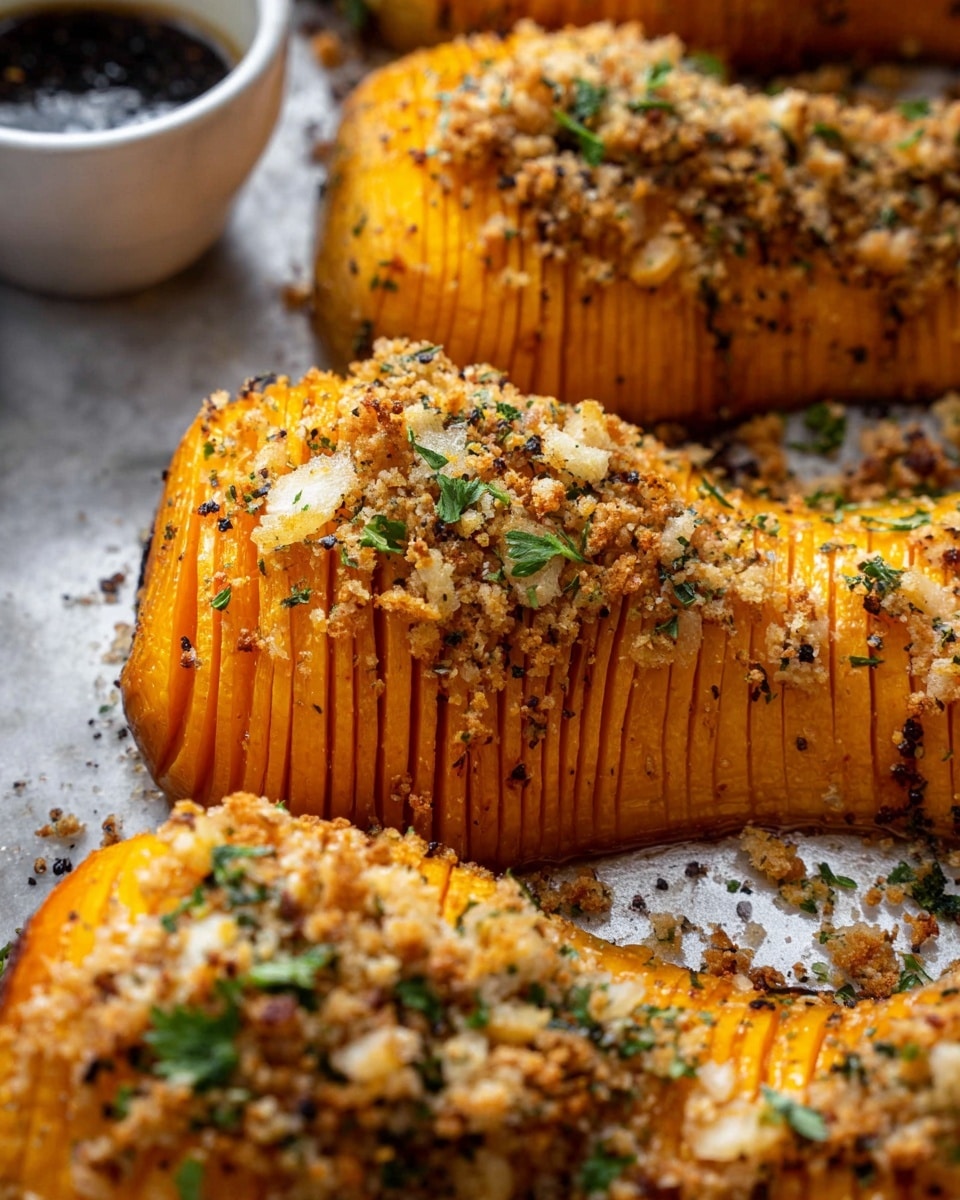The image shows several Hasselback butternut squashes baked on a white marbled textured surface, each with about 20 thin, even slices creating a fan-like layered look. The squash is a bright, warm orange with a roasted, slightly glossy texture. The slices are topped with a crumbly mixture that looks like browned breadcrumbs and herbs, giving a crunchy texture with small green parsley bits scattered through. There are some black pepper flakes and other spices sprinkled over the top, adding specks of dark color. Part of a white bowl with dark dipping sauce is visible on the left edge. Photo taken with an iphone --ar 4:5 --v 7
