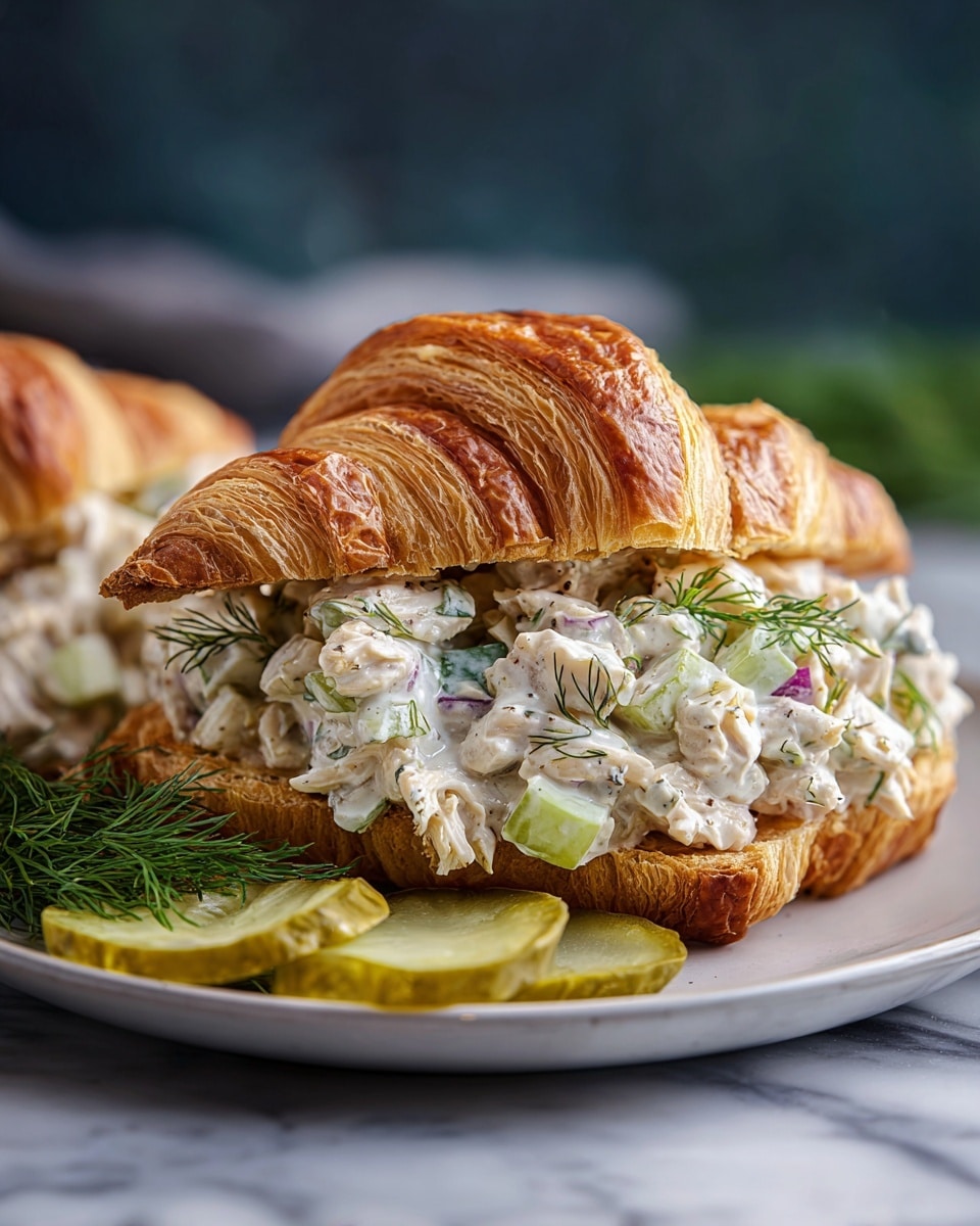 A golden brown croissant is sliced in half and filled generously with a creamy chicken salad mixture that includes visible pieces of white chicken, pale green celery, and small purple onion chunks, all mixed in a thick white mayo-like dressing with specks of black pepper and fresh green dill on top. The croissant sits on a white plate with a few translucent pickle slices on the side, and there is a small sprig of fresh dill next to the croissant. The plate is placed on a white marbled surface, with a blurred background giving depth to the image. photo taken with an iphone --ar 4:5 --v 7