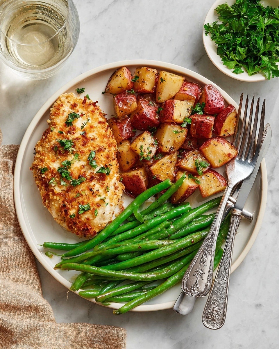 The image shows a white round plate with three main layers of food: on the left side, a crispy, golden-brown breaded chicken breast with small green herb pieces sprinkled on top; to the right of the chicken, a generous portion of roasted red potato chunks with browned edges and scattered bits of green herbs; below the chicken and potatoes, a neat pile of bright green cooked green beans with a slight shiny glaze. A silver fork and knife with ornate handles rest on the right edge of the plate. The plate sits on a white marbled surface, next to a glass of clear water and a small white bowl of fresh green parsley. photo taken with an iphone --ar 4:5 --v 7