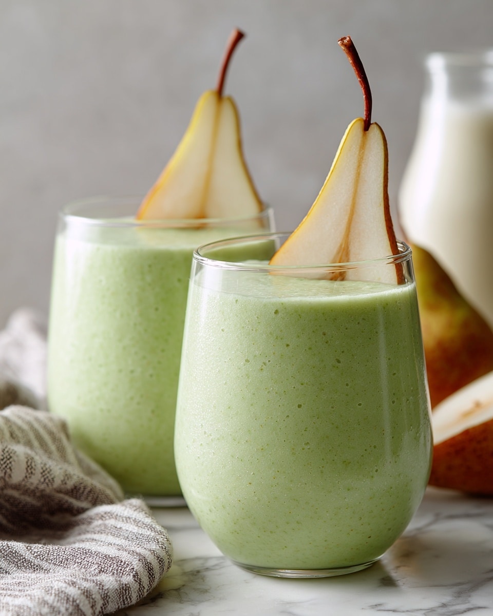 Two clear glass cups filled with light green smoothie, nearly full, placed side by side on a white marbled surface. Each glass has a thin pear slice with a brown stem hanging on the rim. In the background, a white kefir bottle and some more sliced pears lay partially visible, alongside a folded striped gray cloth. Soft, warm lighting highlights the smooth texture of the drink and the natural patterns on the pear slices. Photo taken with an iphone --ar 4:5 --v 7