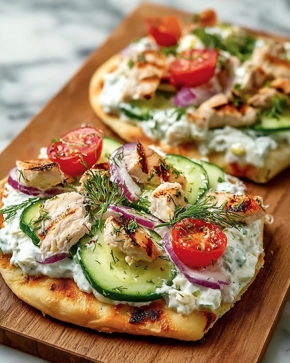 The image shows two small flatbreads with three layers each on a wooden board. The bottom layer is a golden-brown flatbread with a slightly crispy texture. The middle layer is a thick spread of white creamy sauce mixed with green herbs. The top layer has slices of green cucumber, halves of red cherry tomatoes, small pieces of grilled chicken with brown grill marks, thin rings of purple onion, and small white chunks of cheese scattered around. Fresh green dill is sprinkled lightly on top. The background is a white marbled texture. Photo taken with an iphone --ar 4:5 --v 7