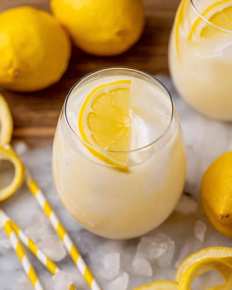 Two round glasses filled with a creamy white drink and large clear ice cubes are placed on a white marbled textured surface. Each glass is topped with a bright yellow lemon wedge on the rim. Around the glasses, there are whole bright yellow lemons and a green carton holding some lemons. Yellow and white striped paper straws and a few loose ice cubes are scattered on the surface, adding to the fresh and inviting look. photo taken with an iphone --ar 4:5 --v 7