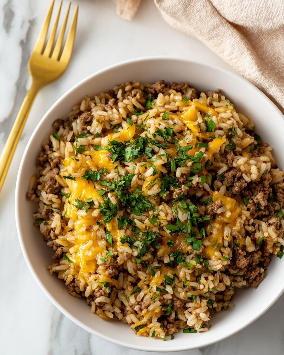 A white bowl filled with a mixture of cooked rice and browned ground meat, topped with melted yellow cheese scattered in small patches and fresh green chopped herbs sprinkled evenly over the dish. The rice grains are slightly shiny and well mixed with the meat, creating a textured and colorful contrast between the beige rice, brown meat, and bright green herbs. The bowl is placed on a white marbled surface with a light tan cloth partially visible in the background, and a gold fork is placed nearby. photo taken with an iphone --ar 4:5 --v 7