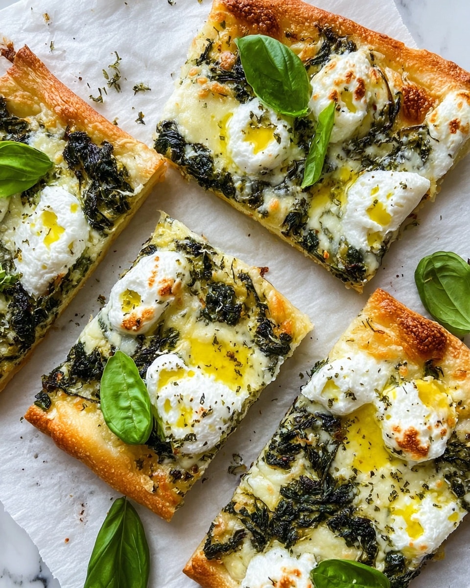 The image shows four rectangular slices of pizza arranged on white parchment paper over a white marbled surface. Each slice has two main layers: a golden-brown crispy crust base topped with melted creamy cheese with slightly browned edges, and large patches of dark green sautéed spinach spread evenly. On top of the spinach, there are several dollops of soft white ricotta cheese, with some drizzled olive oil creating a shiny yellow pool in places, all sprinkled with dried herbs. Fresh green basil leaves are scattered on top, adding bursts of bright green color. photo taken with an iphone --ar 4:5 --v 7