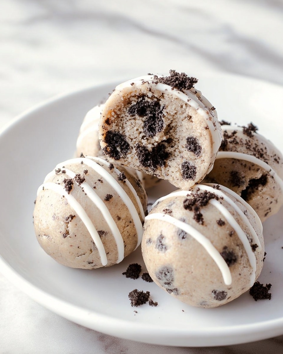 The image shows four round cookie dough balls on a white plate, placed on a white marbled surface. Each ball is light brown with visible dark chocolate cookie pieces mixed inside, giving a speckled texture. Two balls are drizzled with thin white icing lines, adding a smooth and shiny contrast. One dough ball is cut in half and placed on top of the others, showing a dense, crumbly inside with black cookie chunks. Some cookie crumbs are scattered on top of the dough balls. photo taken with an iphone --ar 4:5 --v 7