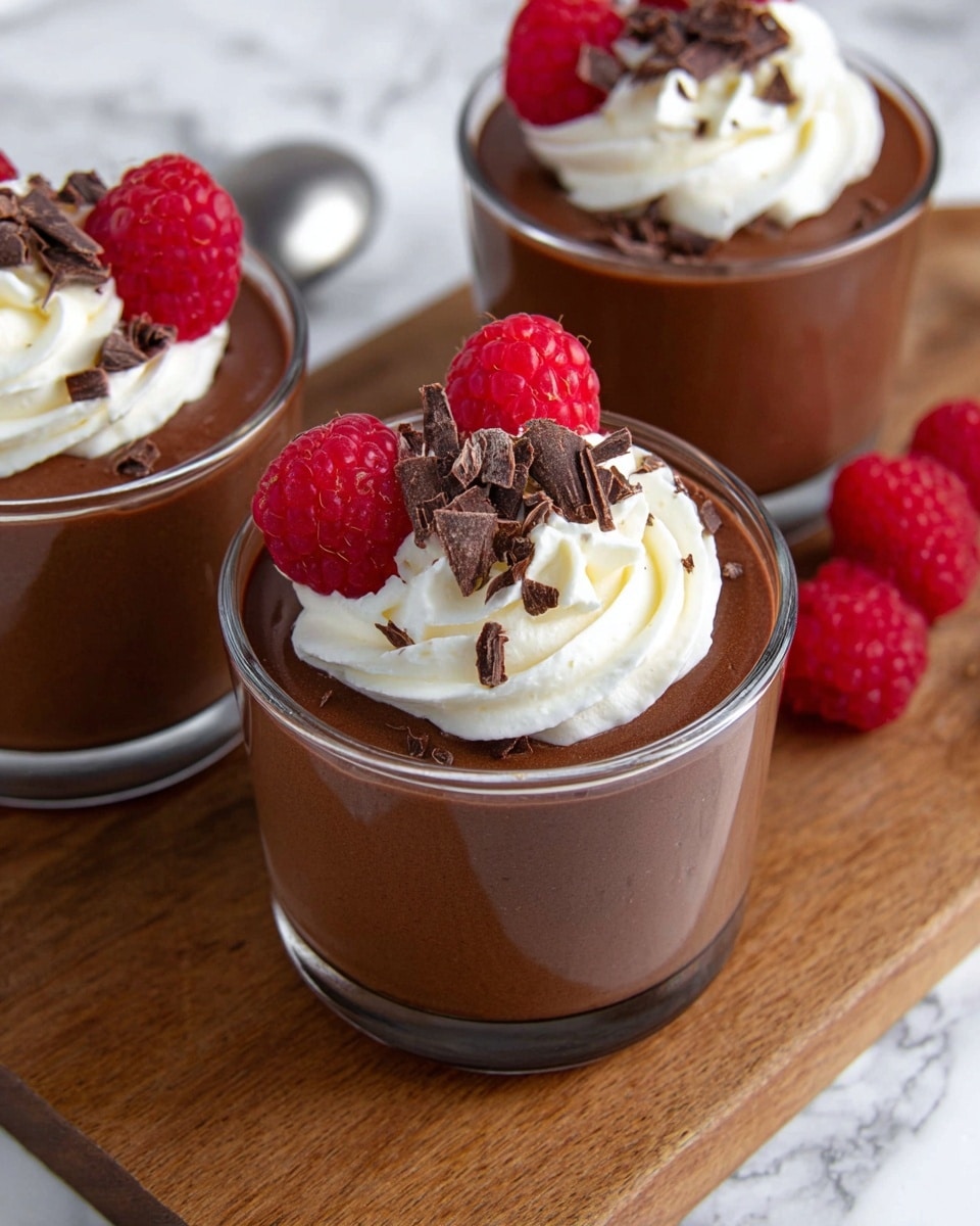 The image shows three clear glass cups filled with smooth, dark brown chocolate mousse, placed on a wooden board. Each mousse cup has a thick, dark chocolate base layer topped with a swirl of white whipped cream. On top of the whipped cream, there are small pieces of chocolate shavings and three bright red raspberries arranged around the edges, adding vibrant color. The background is a white marbled texture, and a metal spoon is slightly visible on the side. The photo taken with an iphone --ar 4:5 --v 7
