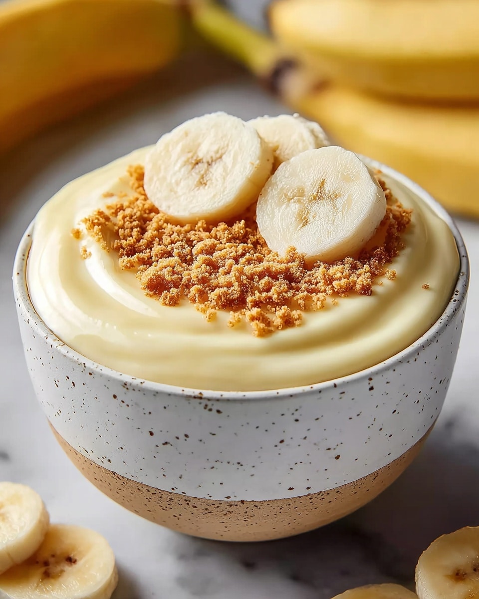 A small white speckled bowl holds a smooth, creamy layer of pale yellow pudding that is swirled in soft peaks. On top, there is a fine layer of crushed brown crumbs, sprinkled evenly in a circular pattern around the center. Three thick banana slices rest gently on the crumbs, showing their soft, light yellow texture and faint brown seeds in the middle. The bowl sits on a white marbled surface, and the background features blurred bananas and more peeled banana slices. photo taken with an iphone --ar 4:5 --v 7