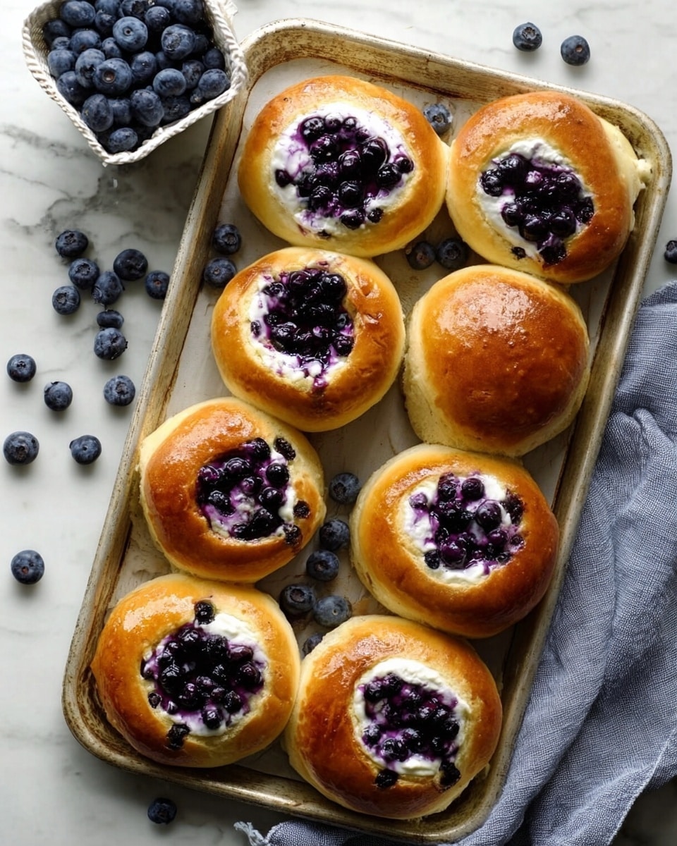 The image shows a tray with eight round buns arranged closely in two rows on a white marbled surface. Each bun is golden brown with a shiny crust and has a small circular well in the center filled with dark purple blueberries mixed with white cream. The texture of the buns looks soft and slightly glossy. Scattered blueberries are visible around the buns on the tray, and in the top left corner, there is a small white basket filled with fresh blueberries. A grey cloth is casually folded on the right side near the tray. The setting gives a fresh and cozy feel. photo taken with an iphone --ar 4:5 --v 7