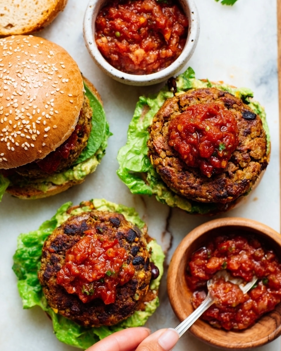 The image shows three open-faced veggie burgers on a white marbled surface. Each burger has three clear layers: the bottom layer is a soft green leaf of lettuce, the middle layer is a thick, textured brown veggie patty, and the top layer is red chunky salsa with visible black beans on two of the patties. One sesame seed bun with a golden-brown color rests beside one burger. Next to the burgers is a small white bowl filled with more red salsa and a metal spoon inside. A woman's hand is reaching towards one burger, adding a sense of action. Photo taken with an iphone --ar 4:5 --v 7