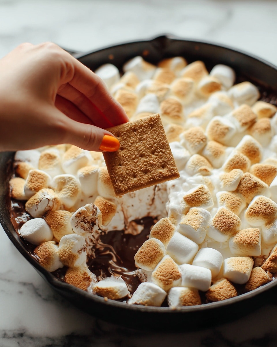 A woman's hand with orange nail polish is dipping a square light brown graham cracker into a pan filled with toasted marshmallows on top and melted chocolate underneath. The marshmallows are golden brown and soft, covering the top layer completely. The chocolate below is dark, melted, and gooey, with some marshmallow mixing in. The pan is black from the outside and sits on a white marbled surface, creating a warm and cozy scene. photo taken with an iphone --ar 4:5 --v 7