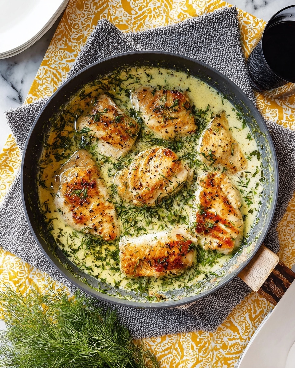 A frying pan with seven pieces of golden-brown chicken cooking in a creamy green herb sauce, likely dill, that fills the pan partially. The chicken pieces vary in size and are evenly spaced, showing slightly seared surfaces with pepper specks. The pan rests on a gray textured oven mitt on top of a yellow and white patterned cloth, with a small bunch of fresh dill beside it. The background is a white marbled surface with parts of a white plate and a dark-colored glass visible around the pan. photo taken with an iphone --ar 4:5 --v 7
