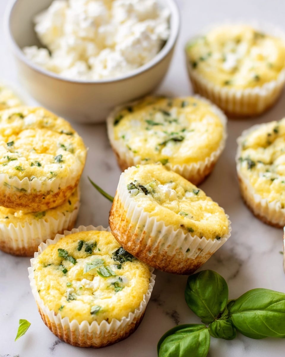 A group of small egg muffins with finely chopped green herbs baked inside, each muffin having one layer of soft, yellow cooked egg with a slightly golden top and small green herb pieces spread throughout. The muffins are placed on a white marbled surface, all in white paper cupcake liners with ridges visible on the sides. One muffin is tilted on its side showing the golden browned ridged edge of the liner filled with the same yellow and green speckled egg mixture. A small bowl filled with white cottage cheese sits near the muffins, creating a fresh and light contrast. A few fresh, bright green basil leaves are placed beside the muffins, adding a pop of color. photo taken with an iphone --ar 4:5 --v 7