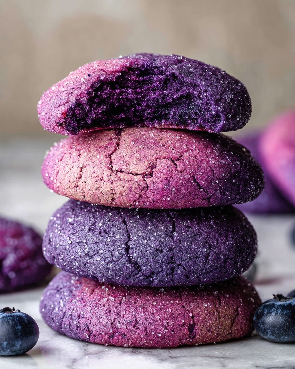 A stack of four thick, round purple cookies sits on a white marbled surface, each cookie showing a rich gradient from deep violet to lighter purple. The top cookie is broken in half and rests slightly angled on the second cookie, revealing a soft, crumbly inner texture in a lighter pinkish-purple shade. The cookie tops have a coarse texture with shiny sugar crystals scattered across them, giving a slightly sparkling effect. Around the base of the stack, a few fresh dark blueberries add contrast and a pop of dark blue color. The background is softly blurred, enhancing the focus on the cookies’ vibrant, textured appearance. photo taken with an iphone --ar 4:5 --v 7