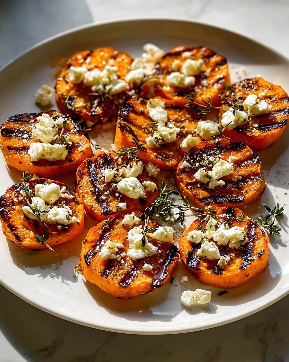 The image shows a white plate with ten grilled orange sweet potato rounds arranged loosely in a circle. Each round has a slightly charred, caramelized surface with grill marks and is topped with small crumbles of white creamy goat cheese. Fresh green sprigs of thyme are scattered between the sweet potato slices, adding contrast and freshness. The plate rests on a white marbled surface with soft sunlight highlighting the textures and colors, making the orange and white tones pop. Photo taken with an iphone --ar 4:5 --v 7