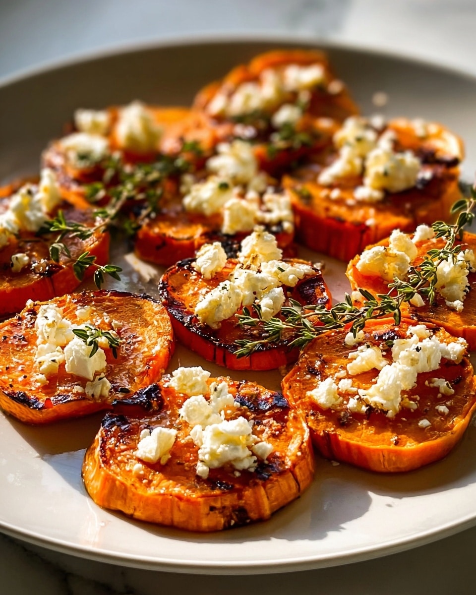 The dish shows several thick, round slices of roasted orange sweet potato arranged in a circle on a white plate. Each sweet potato slice has a browned, slightly crispy outer edge and a soft, bright orange center. On top of each slice, there are small crumbles of white goat cheese scattered, adding a soft, creamy texture. Sprigs of fresh green thyme are placed around and partially on the sweet potato slices, adding detail and color contrast. The white plate sits on a white marbled surface with warm natural light enhancing the colors and textures. Photo taken with an iphone --ar 4:5 --v 7