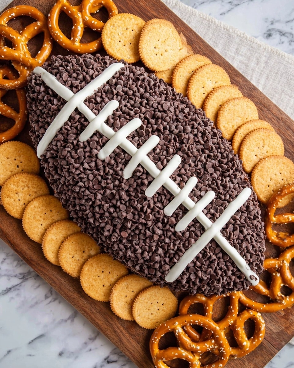 A board with a dark brown, oval-shaped dessert covered fully in small chocolate chips forming the surface layer, decorated with white icing lines resembling football laces and stripes on the sides. Around the oval dessert, there are round golden-brown vanilla wafer cookies forming a border along one side, and golden pretzel snacks with a shiny, salty coating arranged on the opposite side. All items rest on a wooden board placed on a white marbled texture. Photo taken with an iphone --ar 4:5 --v 7