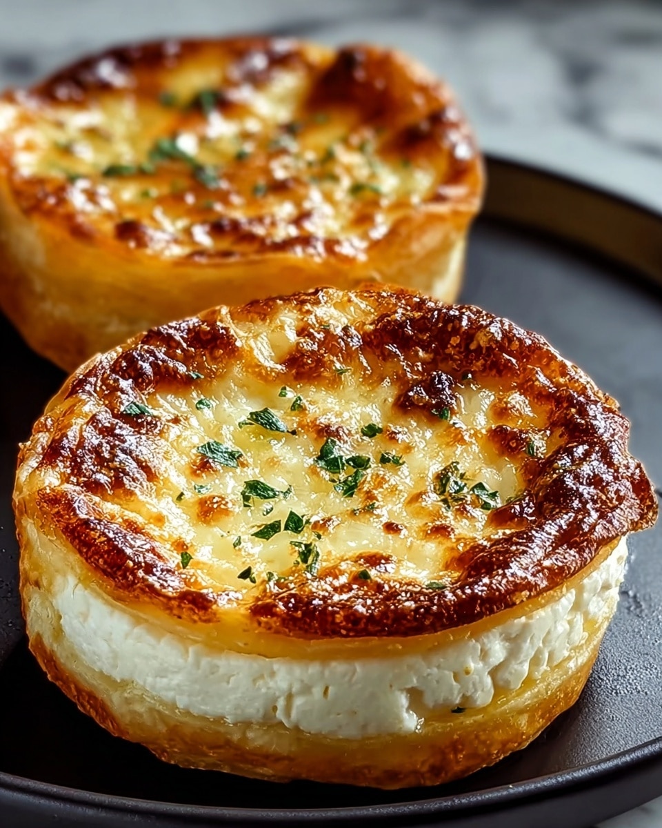 The image shows two round cheese pastries on a dark plate, placed on a white marbled surface. Each pastry has three visible layers: the bottom is a crisp, golden-brown crust with a slightly rough texture, the middle is a thick, white, creamy cheese layer that looks soft and slightly crumbly, and the top layer is a glossy, golden cheese browned and slightly blistered, with small green herb pieces sprinkled on it for color contrast. The lighting highlights the shiny, melted texture on top, making the pastries look warm and fresh. photo taken with an iphone --ar 4:5 --v 7