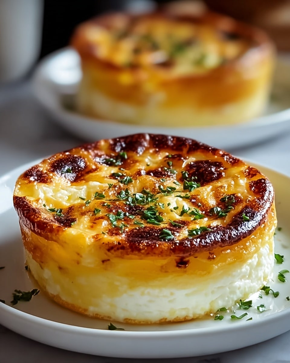 The image shows a close-up of a round, golden-brown baked dish placed on a white plate on a white marbled surface. The dish has two main layers: a thick, creamy yellow base and a bright white cheese layer with a slightly crumbly texture just beneath the top. The top layer is beautifully caramelized and toasted with dark brown spots and a shiny finish, speckled with small, fresh green herbs sprinkled evenly across the surface. A second similar dish is partially visible softly blurred in the background, creating depth and focus on the front dish. photo taken with an iphone --ar 4:5 --v 7