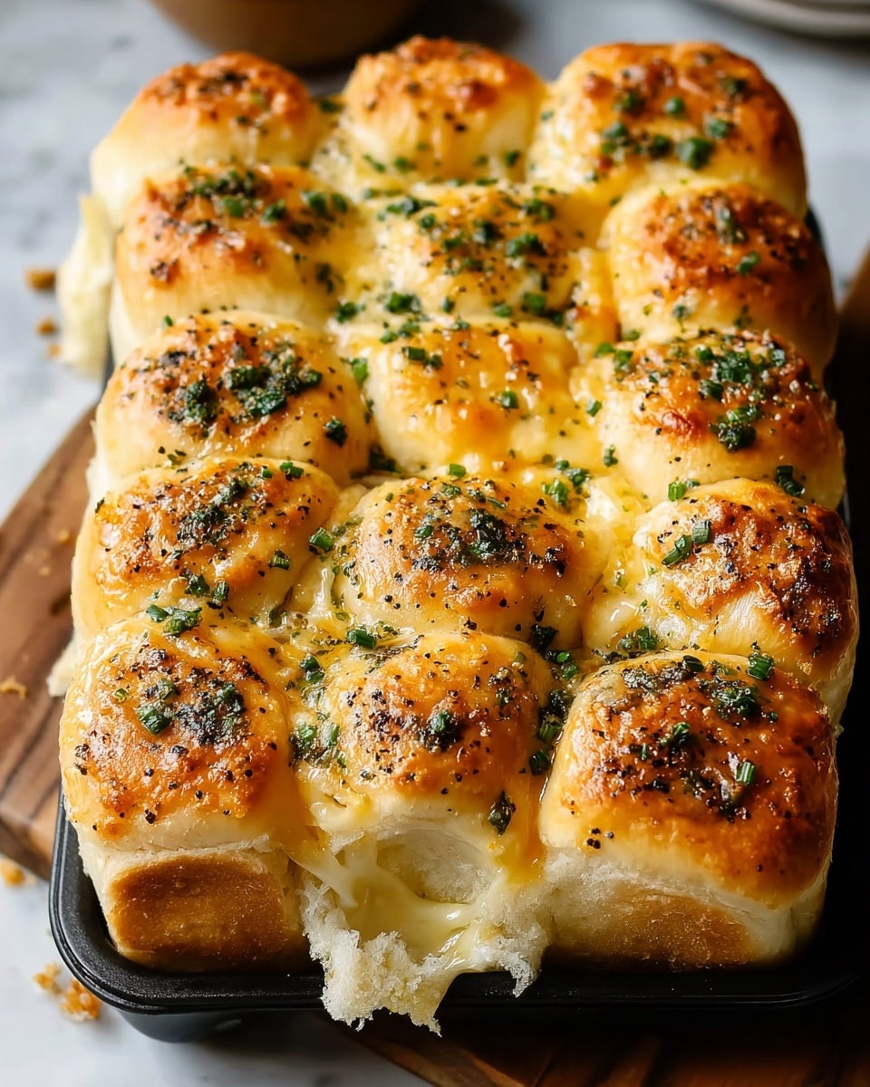 The image shows a close-up of a baking tray filled with golden brown pull-apart bread rolls arranged in a grid of about four by four. Each roll has a soft, fluffy texture with a slightly shiny surface from melted cheese that oozes between them. The tops of the rolls are sprinkled with finely chopped green herbs and cracked black pepper, adding color contrast and texture. The baking tray sits on a white marbled surface with some crumbs scattered nearby, hinting at the bread’s softness and freshness. photo taken with an iphone --ar 4:5 --v 7