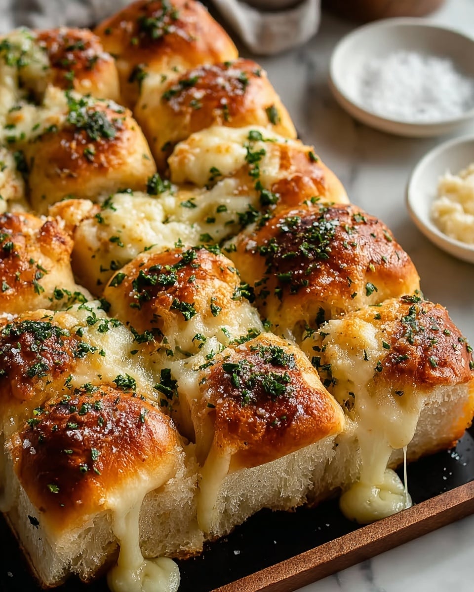 This image shows a tray filled with small, golden-brown bread rolls cut into individual pieces arranged in three rows. Each bread piece is topped with melted, creamy cheese that stretches slightly between the rolls, sprinkled with finely chopped green herbs and coarse salt, adding texture and color contrast. The bread looks soft inside with a lightly crispy crust, while the cheese is bubbly and slightly browned on the edges. The tray sits on a white marbled surface, with a white dish of coarse salt visible to the side. Photo taken with an iphone --ar 4:5 --v 7